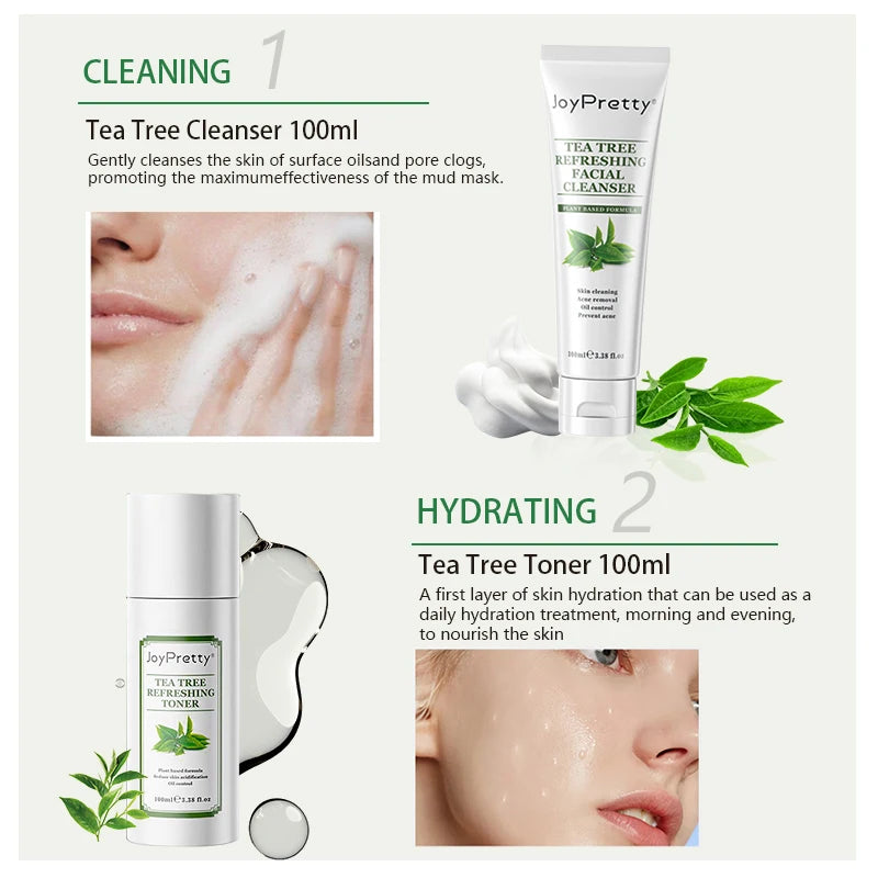 JoyPretty Acne Treatment Face Cream Tea Tree Serum Cleaning Pimple Acne Removal Repair Pores Korean Cosmetics Skin Care Kit 6pcs