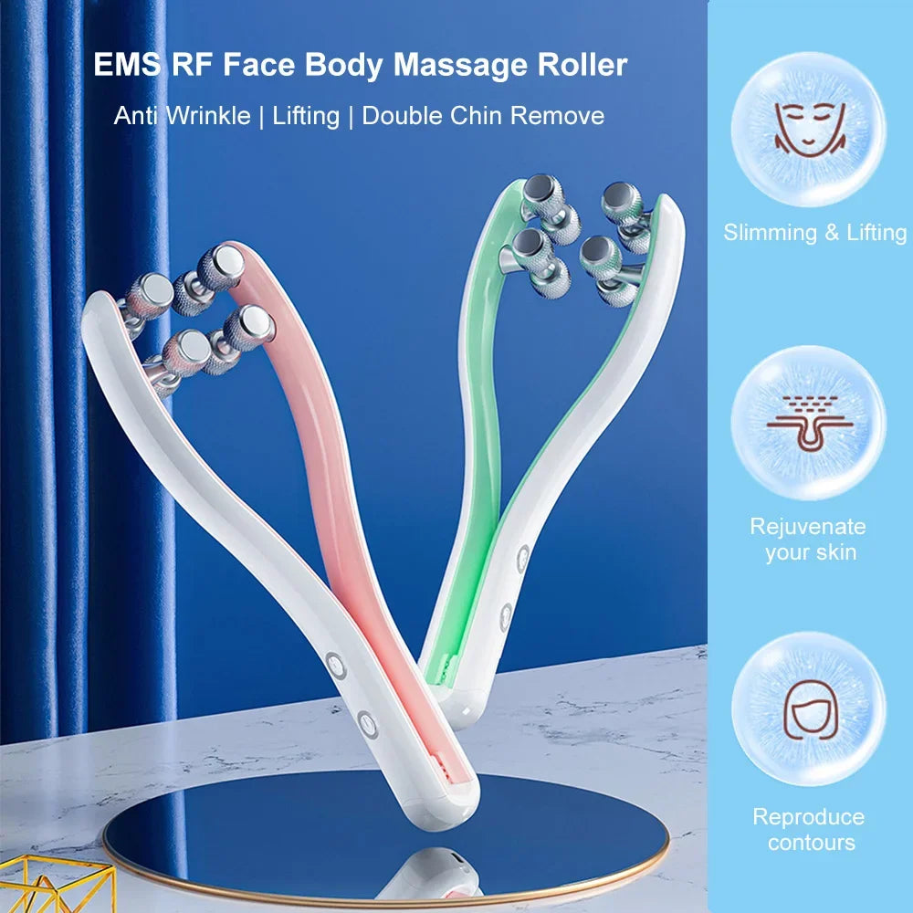 Elecrtic Facial Lifting Roller Face Skin Tighten V-line EMS Body Slimming Massager Double Chin Wrinkle Removal RF Skin Care Tool