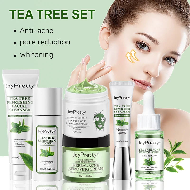 JoyPretty Acne Treatment Face Cream Tea Tree Serum Cleaning Pimple Acne Removal Repair Pores Korean Cosmetics Skin Care Kit 6pcs